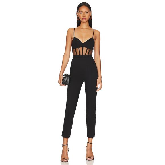 NBD Pants - NBD Revolve Bianna Jumpsuit Slim Leg Boned Mesh Adjustable Strap Black Size XXS